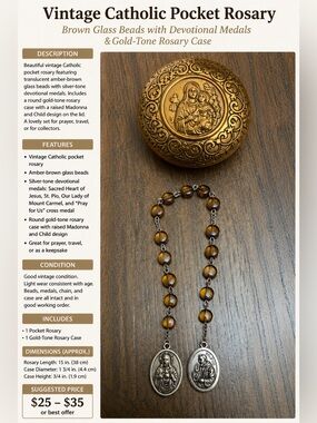 Vintage Catholic Pocket Rosary with Brown Glass Beads & Gold-Tone Rosary Case